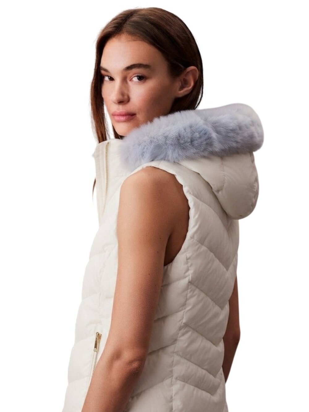 Calvin Klein Performance Cloud Cream Puffer Vest Faux Fur Hood PFSV9854 NWOT